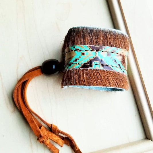 Boho Cuff Bracelet Navajo Turquoise, Hair on Hide - lolaluxeshop