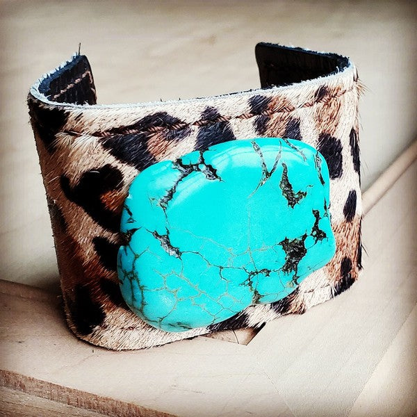 Cuff w/ Leather Tie-Leopard and Turquoise Slab - lolaluxeshop