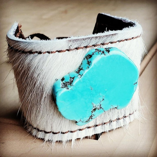 Cuff w/ Leather Tie-White Hide and Turquoise Slab - lolaluxeshop