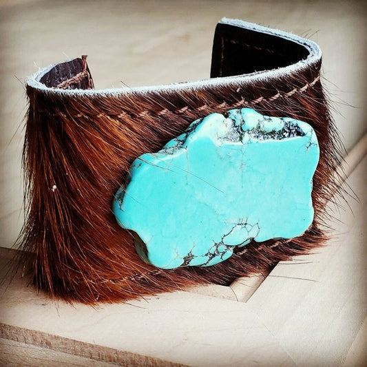 Leather Cuff Leather Tie Brown and Turquoise Slab - lolaluxeshop