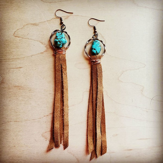 Turquoise drop earrings w/ suede leather tassel - lolaluxeshop