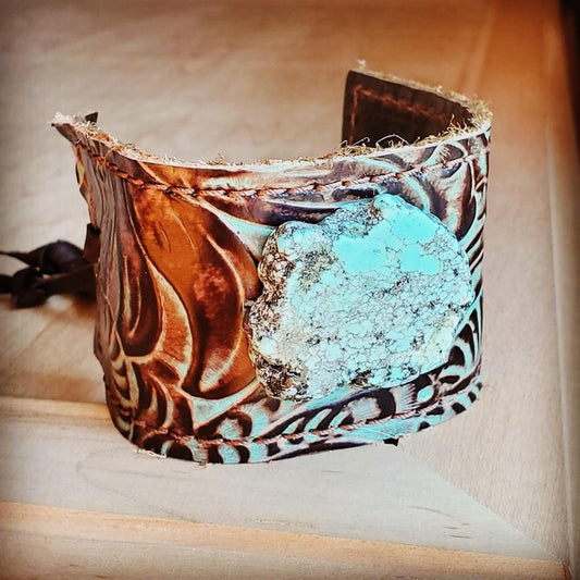 Leather Cuff Turquoise Brown Floral w/ Turq Slab - lolaluxeshop
