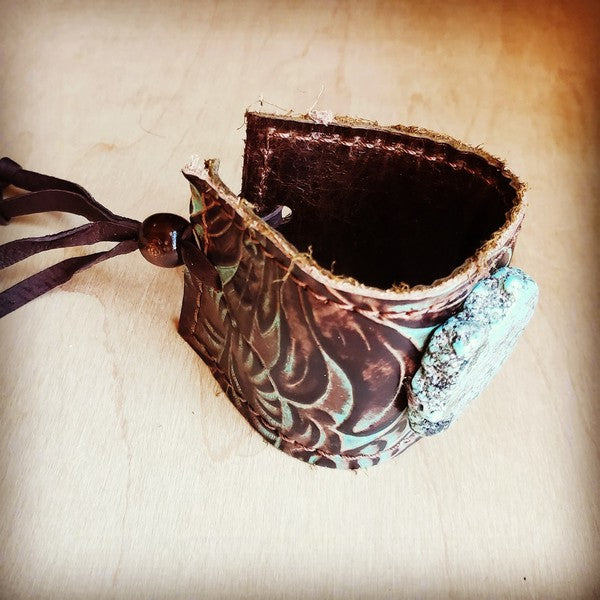 Leather Cuff Turquoise Brown Floral w/ Turq Slab - lolaluxeshop