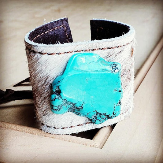 Leather Cuff -Spotted Hair Hide w/ Turquoise Slab - lolaluxeshop