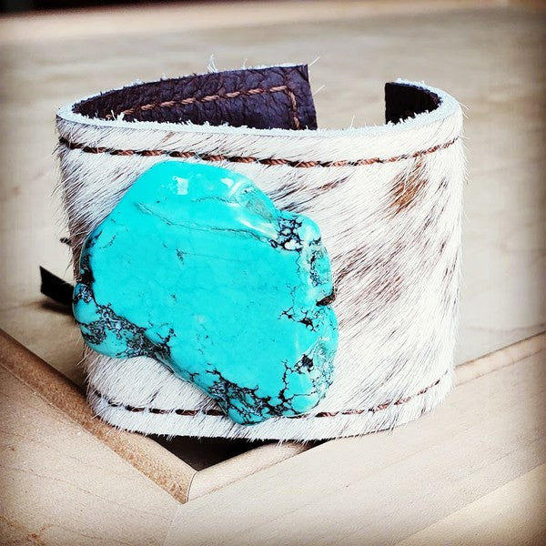 Leather Cuff -Spotted Hair Hide w/ Turquoise Slab - lolaluxeshop