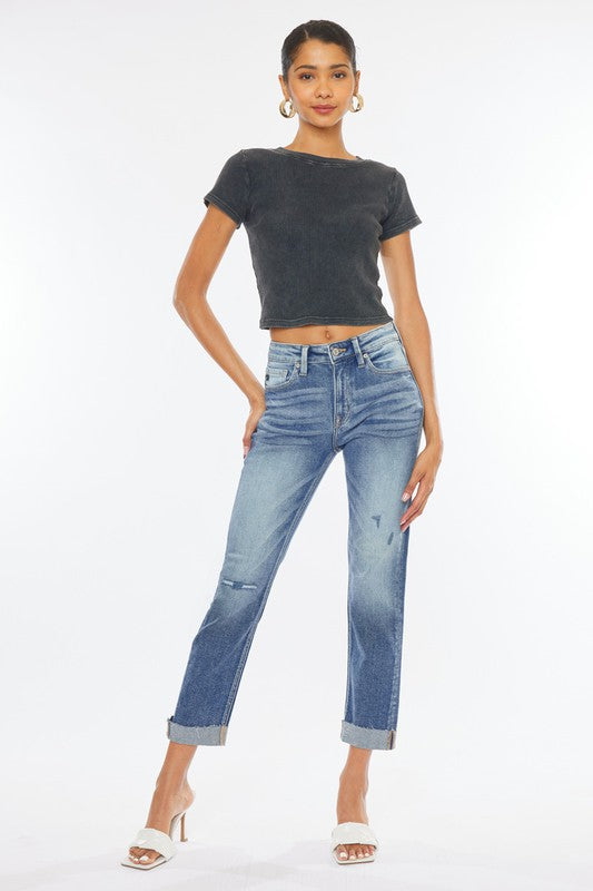 High Rise Cuffed Slim Straight Jeans - lolaluxeshop
