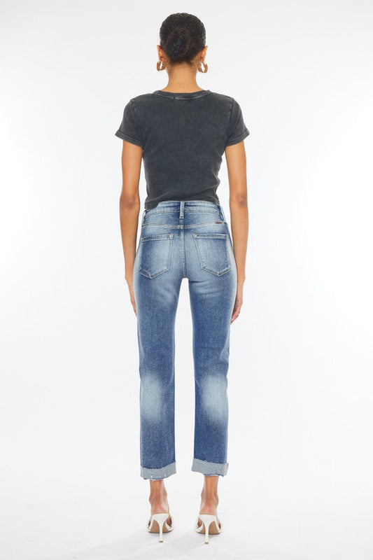 High Rise Cuffed Slim Straight Jeans - lolaluxeshop