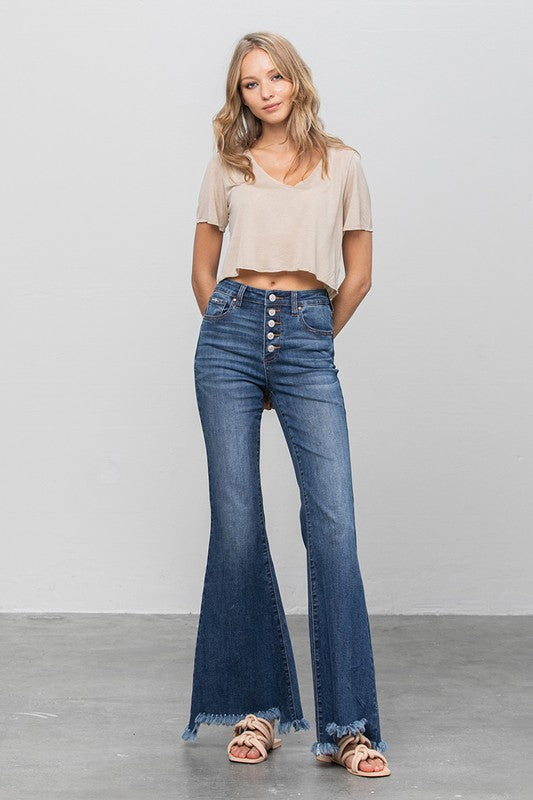 BUTTON DOWN WIDE FLARE JEANS - lolaluxeshop