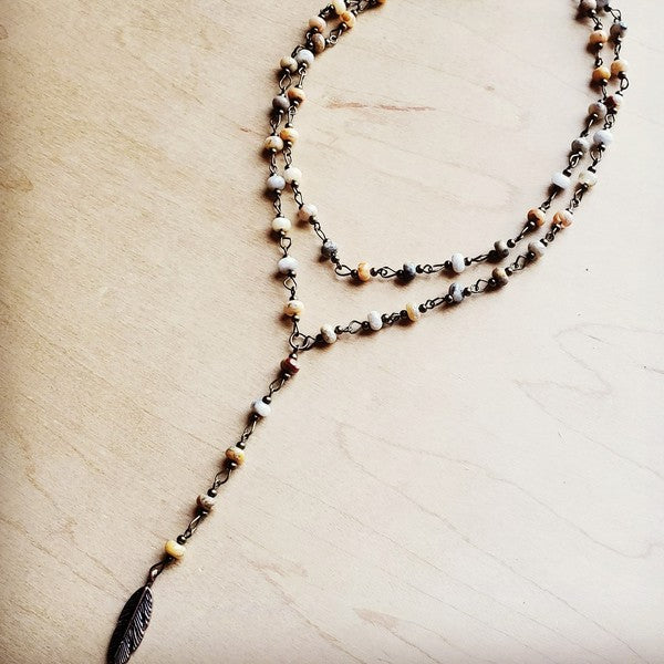Double Lariat Natural Agate Necklace w/  Feather - lolaluxeshop
