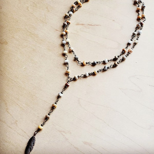 Double Lariat Natural Agate Necklace w/  Feather