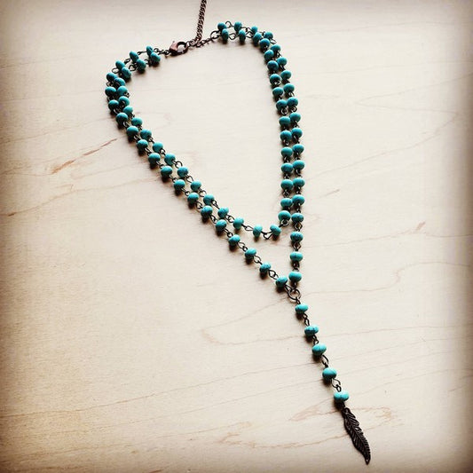 Double Lariat Turquoise Necklace w/ Copper Feather - lolaluxeshop