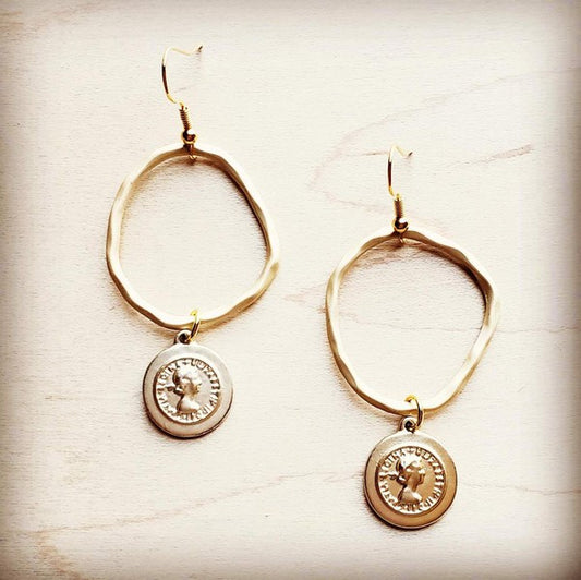 Matte Gold Hoop Earrings with Coin Dangle - lolaluxeshop