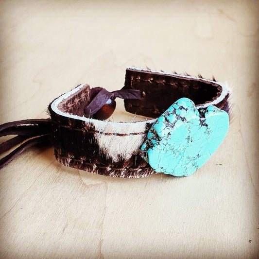 Narrow Leather Cuff w/ Turquoise Slab-Brindle Hide - lolaluxeshop