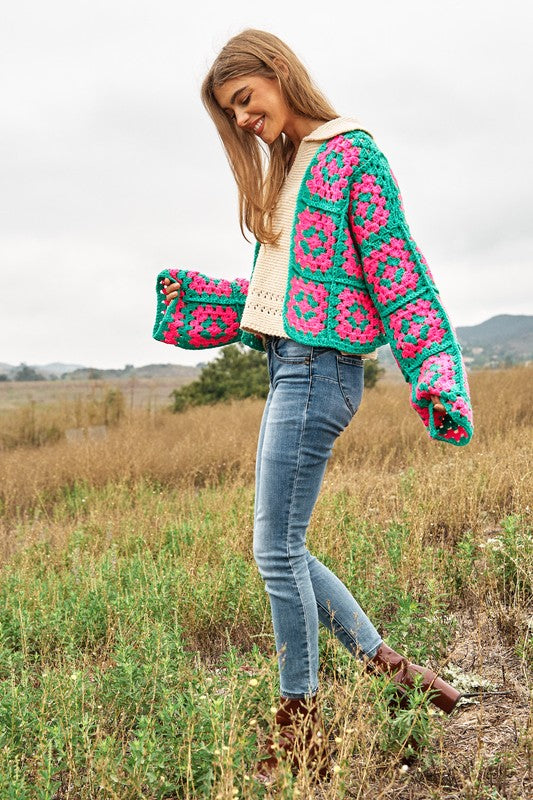 Two-Tone Floral Square Crochet Open Knit Cardigan - lolaluxeshop