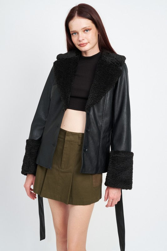 BELTED FAUX SHEARING TRIMMED JACKET - lolaluxeshop