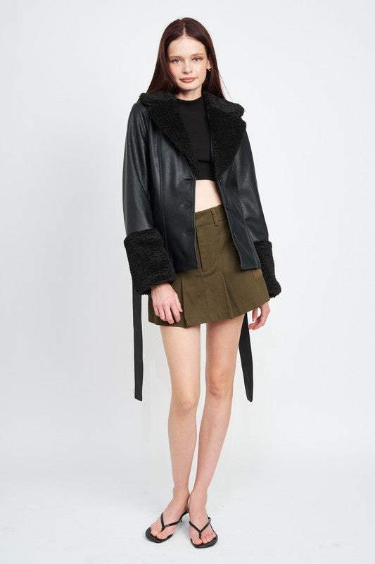 BELTED FAUX SHEARING TRIMMED JACKET - lolaluxeshop