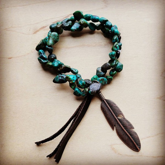 Double Strand Turq Bracelet w/ Feather and Tassel - lolaluxeshop