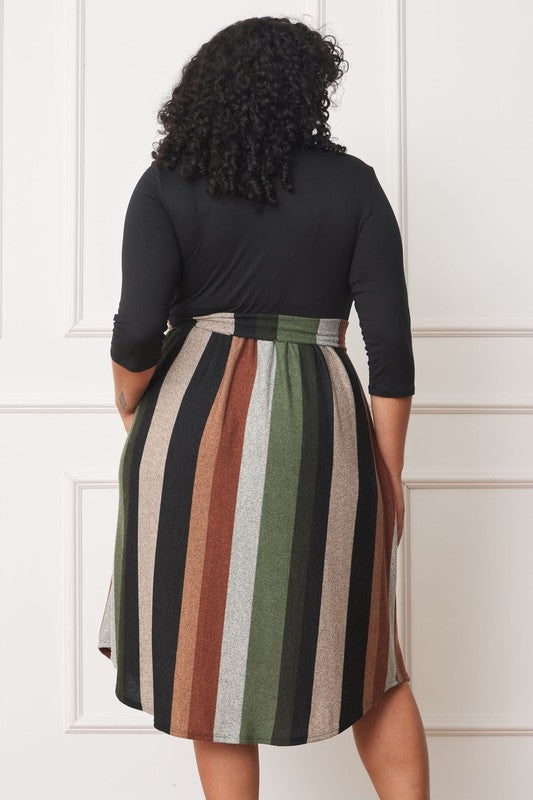 Plus Quarter Sleeve, Stripe Sash Midi Dress - lolaluxeshop