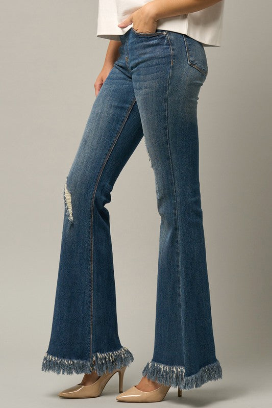 MID-RISE WIDE ELASTIC BANDED FLARE JEANS - lolaluxeshop