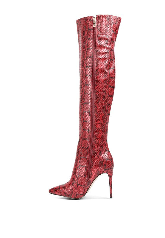 Catalina Snake Print Stiletto Knee Boots - lolaluxeshop