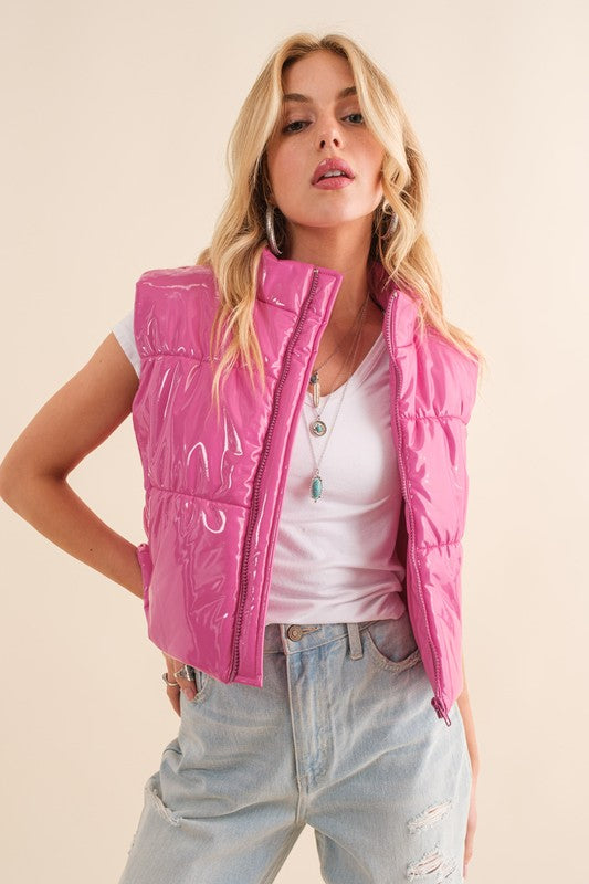 Gloss Shiny PU Quilted Puffer Zip Up Crop Vest - lolaluxeshop