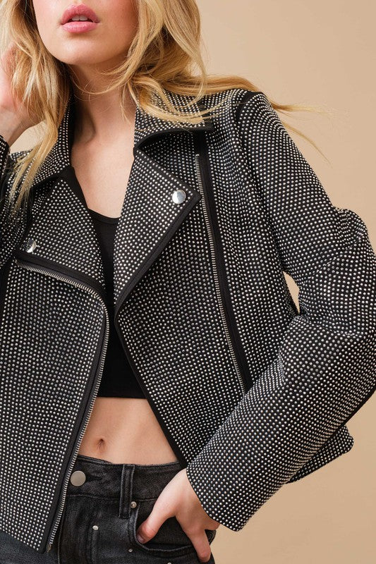 Crystal Studded Stretch Zip Up Moto Jacket - lolaluxeshop