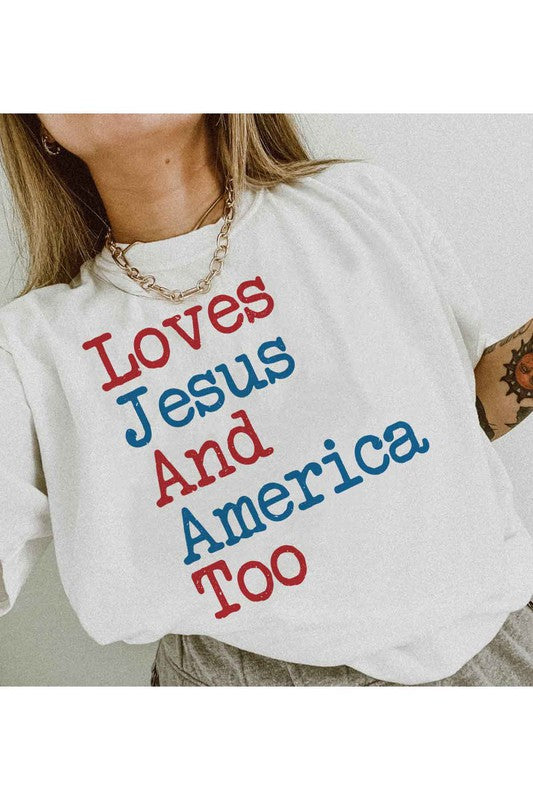 LOVES JESUS AND AMERICA TOO GRAPHIC PLUS SIZE TEE - lolaluxeshop