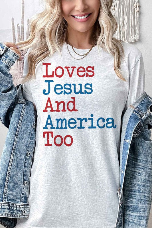 LOVES JESUS AND AMERICA TOO GRAPHIC PLUS SIZE TEE - lolaluxeshop