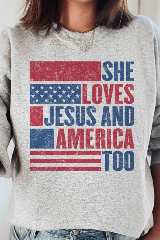 LOVES JESUS AND AMERICA PLUS SIZE SWEATSHIRT - lolaluxeshop