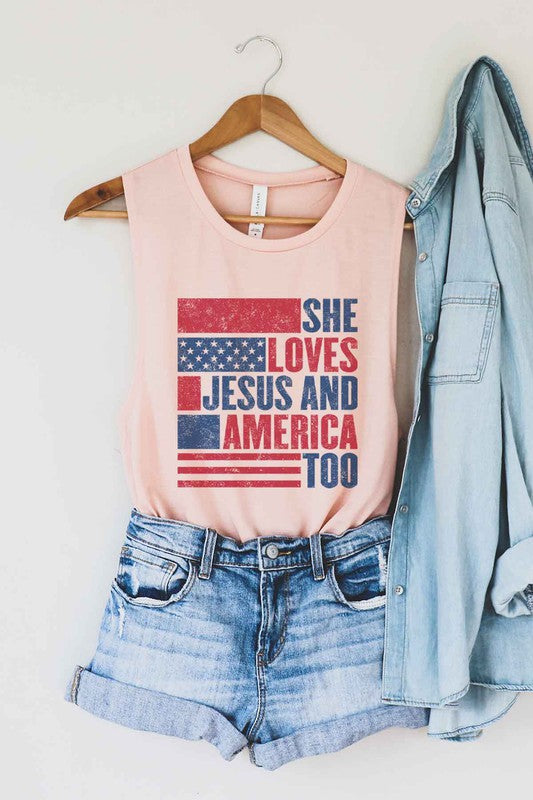 LOVES JESUS AND AMERICA GRAPHIC MUSCLE TANK - lolaluxeshop