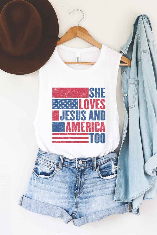 LOVES JESUS AND AMERICA GRAPHIC MUSCLE TANK - lolaluxeshop