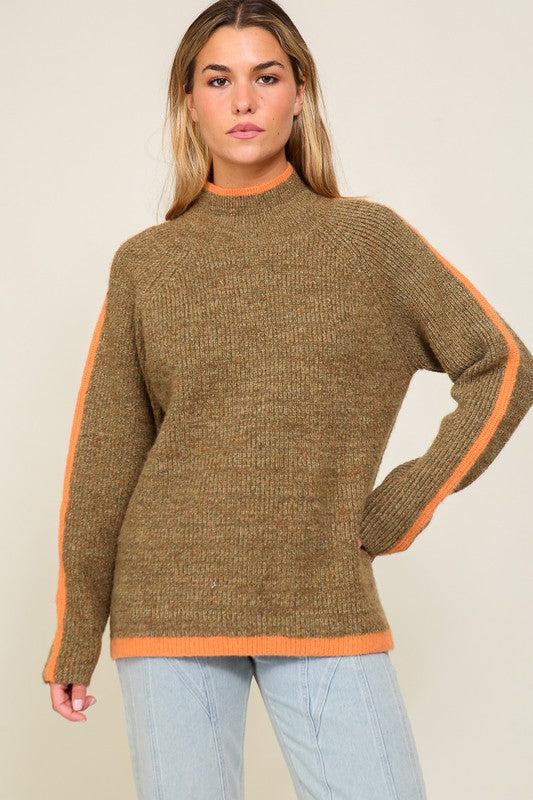 Marled Brown Raglan Sleeve Funnel Neck Sweater - lolaluxeshop