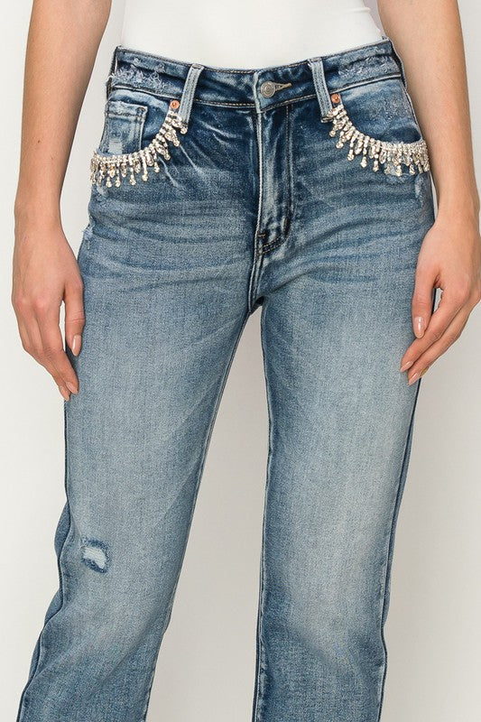 HIGH RISE CRYSTAL EMBELLISHED CROP STRAIGHT JEANS - lolaluxeshop