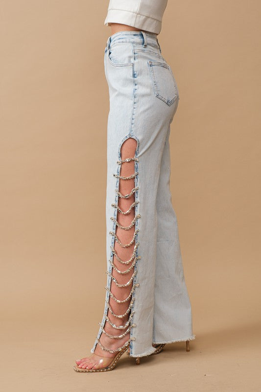 Cut Out At Side w/ Jewel Trim Stretch Denim Jeans - lolaluxeshop