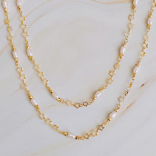 Mini Pearl Mini Star Long Chain Necklace - lolaluxeshop