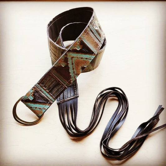 Turquoise Navajo Leather Belt w/ Leather Fringe - lolaluxeshop