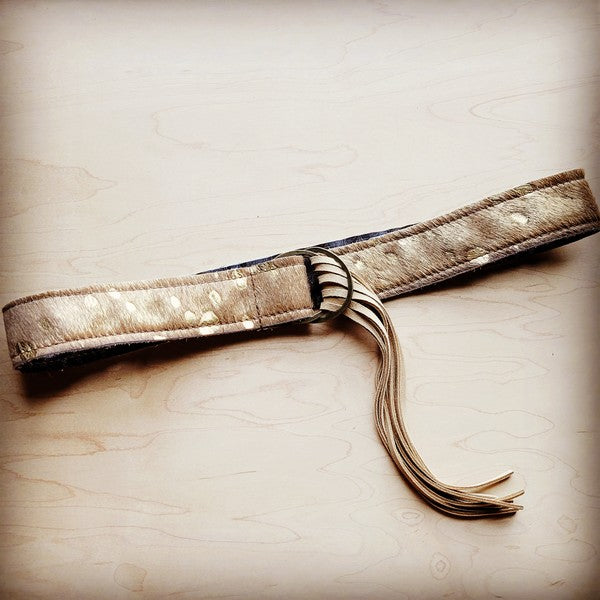 Tan Metallic Hide Leather Belt w/ Leather Fringe - lolaluxeshop