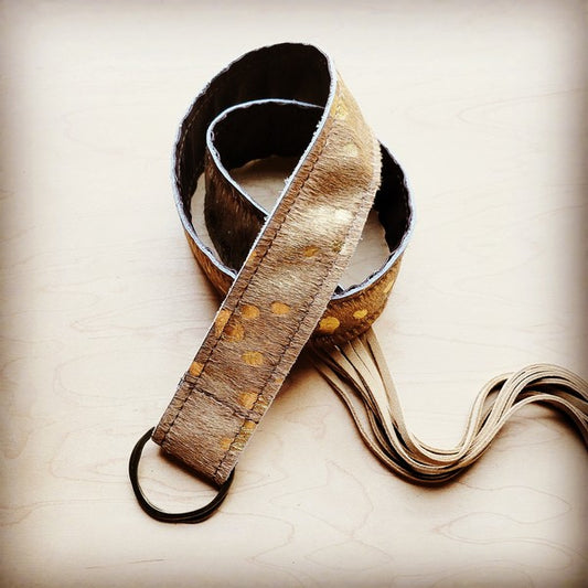 Tan Metallic Hide Leather Belt w/ Leather Fringe - lolaluxeshop