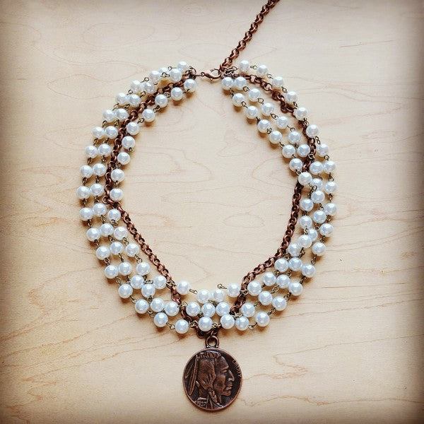 Pearl & Copper Collar-Length Necklace w/ Coin - lolaluxeshop