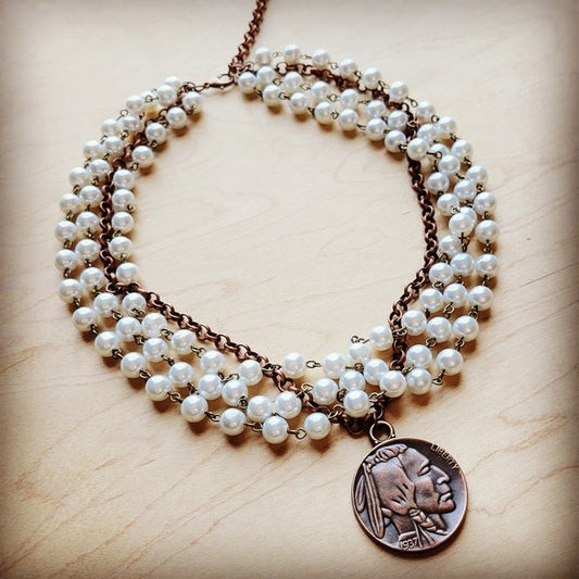 Pearl & Copper Collar-Length Necklace w/ Coin - lolaluxeshop