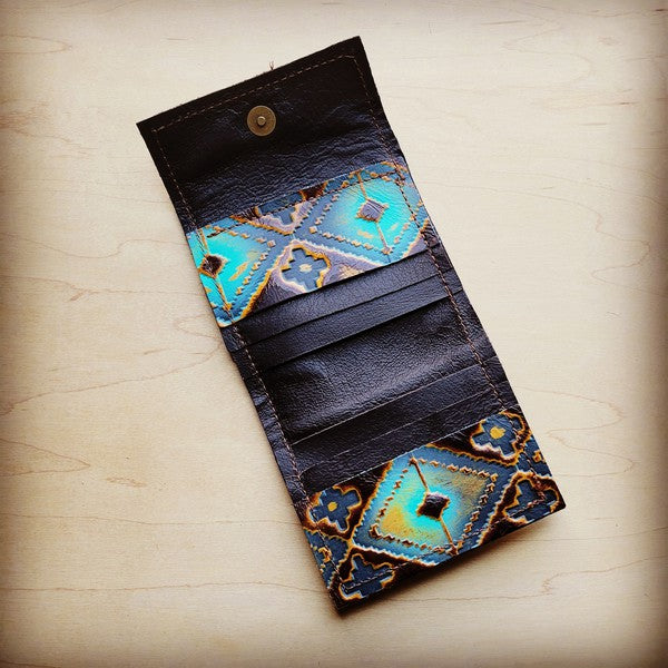 Tri-Fold Embossed Leather Wallet-Blue Navajo - lolaluxeshop