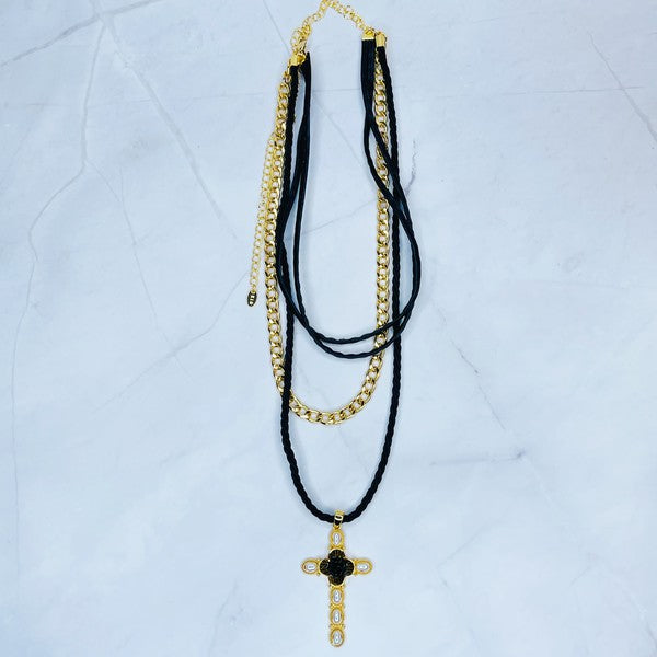 Layered Black Rose Cross Necklace - lolaluxeshop