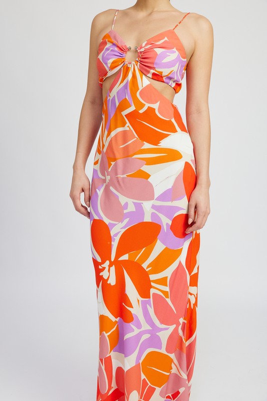 FLORAL CUT OUT MAXI DRESS WITH O RING DETAIL - lolaluxeshop