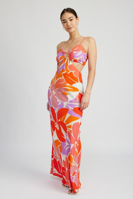FLORAL CUT OUT MAXI DRESS WITH O RING DETAIL - lolaluxeshop