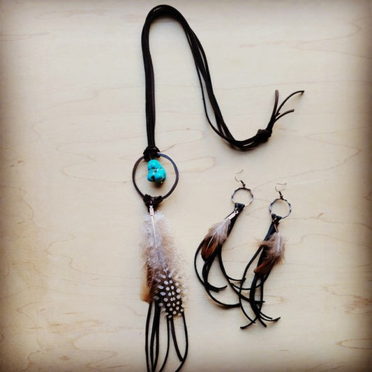 Brown Leather Necklace Blue Turquoise & Feather - lolaluxeshop