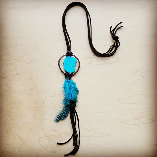 Brown Leather Necklace Turquoise Slab & Feather - lolaluxeshop