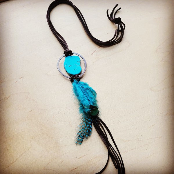 Brown Leather Necklace Turquoise Slab & Feather - lolaluxeshop