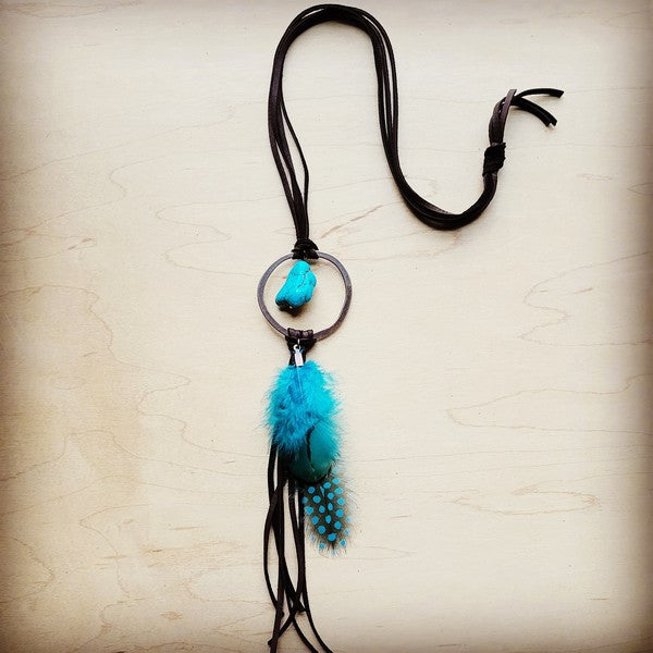 Brown Leather Necklace Turquoise Chunk & Feather - lolaluxeshop