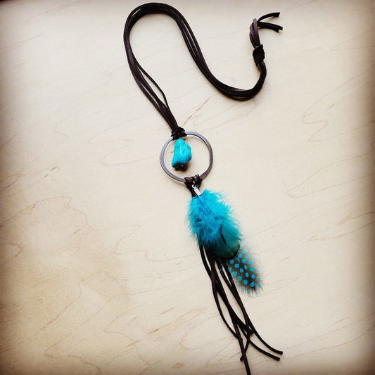 Brown Leather Necklace Turquoise Chunk & Feather - lolaluxeshop
