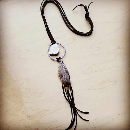 Brown Leather Necklace White Slab Yellow Feather - lolaluxeshop